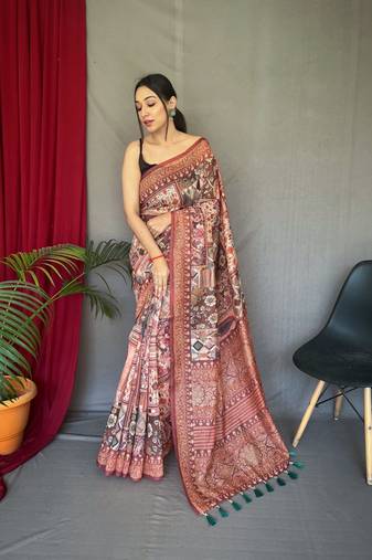 Women Red Cotton Saree And Printed Work Rich Pallu Saree With Blouse For Women