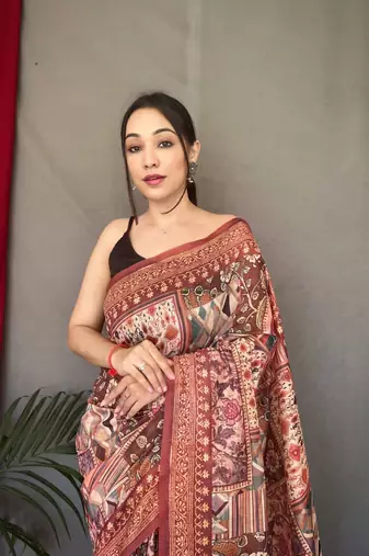 Women Red Cotton Saree And Printed Work Rich Pallu Saree With Blouse For Women