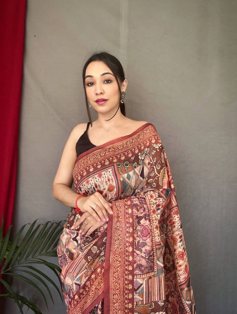 Women Red Cotton Saree And Printed Work Rich Pallu Saree With Blouse For Women