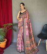 Peach Cotton Blend  Printed Work Rich Pallu Saree With Blouse