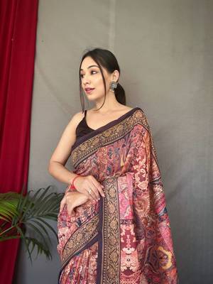 Peach Cotton Blend  Printed Work Rich Pallu Saree With Blouse 2
