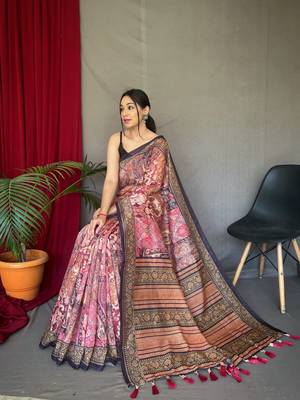 Peach Cotton Blend  Printed Work Rich Pallu Saree With Blouse 3