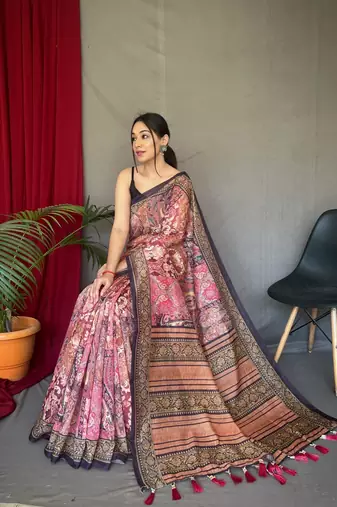 Peach Cotton Blend  Printed Work Rich Pallu Saree With Blouse