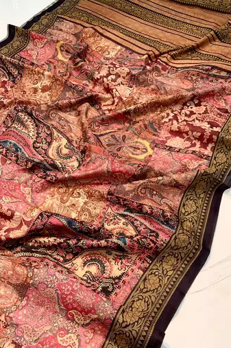 Peach Cotton Blend  Printed Work Rich Pallu Saree With Blouse