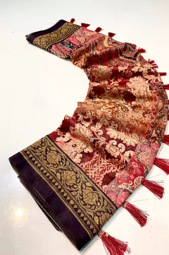 Peach Cotton Blend  Printed Work Rich Pallu Saree With Blouse
