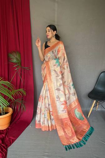 Orange Katha banarasi style zari border thread work saree with Blouse