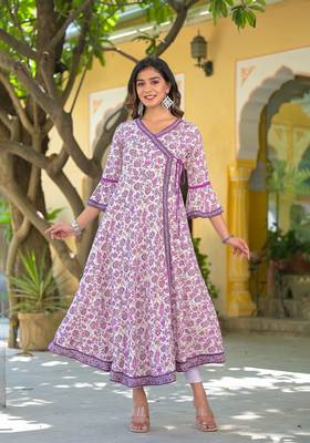 Women'S Rayon Angrakha Style Floral Printed Anarkali Kurti (White) 1