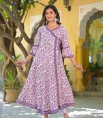 Women'S Rayon Angrakha Style Floral Printed Anarkali Kurti (White)