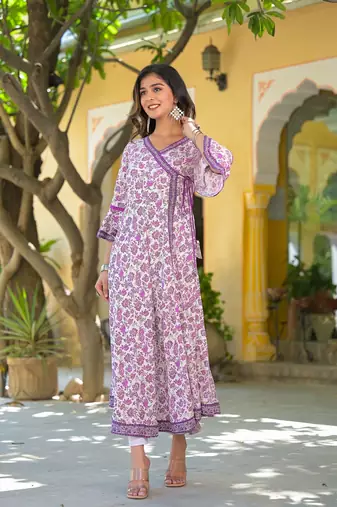 Women'S Rayon Angrakha Style Floral Printed Anarkali Kurti (White)