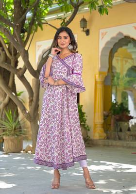 Women'S Rayon Angrakha Style Floral Printed Anarkali Kurti (White) 4