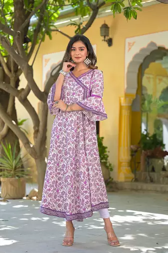 Women'S Rayon Angrakha Style Floral Printed Anarkali Kurti (White)