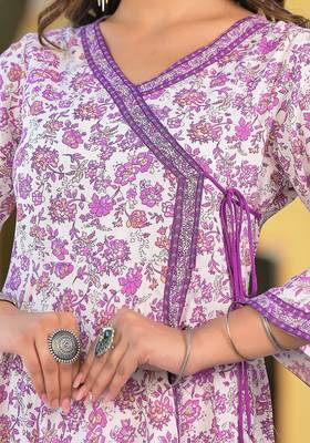 Women'S Rayon Angrakha Style Floral Printed Anarkali Kurti (White) 5