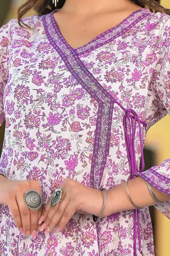 Women'S Rayon Angrakha Style Floral Printed Anarkali Kurti (White)