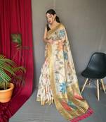 Golden Katha banarasi style zari border thread work saree with Blouse