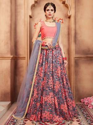 pink thread embroidered work net lehenga set choli with dupatta 1