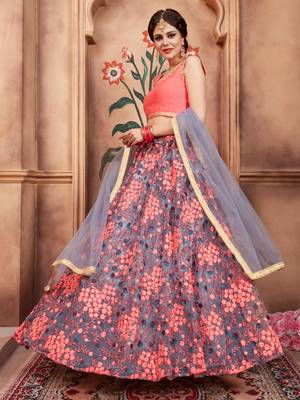 pink thread embroidered work net lehenga set choli with dupatta 2