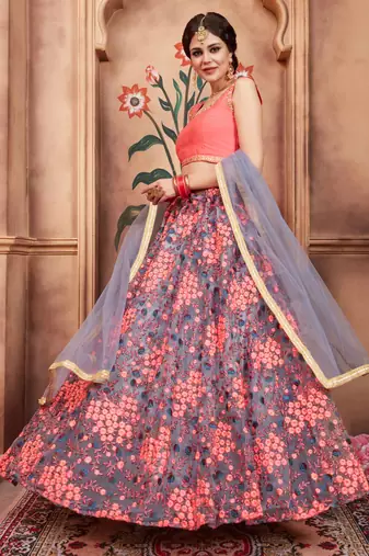 pink thread embroidered work net lehenga set choli with dupatta