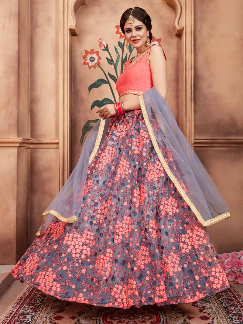 Wonderful Pink Thread Embroidered Work Net Wedding Wear Lehenga Choli