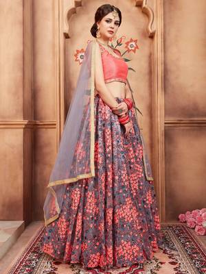 pink thread embroidered work net lehenga set choli with dupatta 3