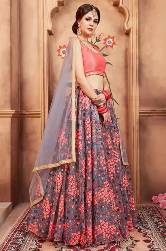 pink thread embroidered work net lehenga set choli with dupatta