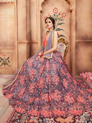 pink thread embroidered work net lehenga set choli with dupatta 4