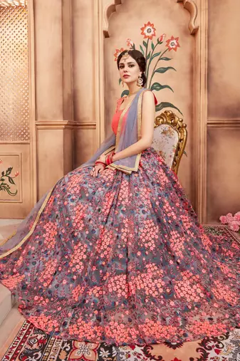 pink thread embroidered work net lehenga set choli with dupatta
