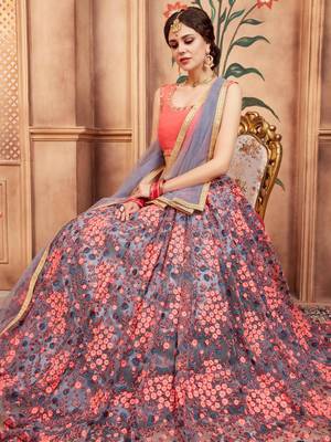 pink thread embroidered work net lehenga set choli with dupatta 5