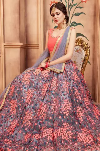 pink thread embroidered work net lehenga set choli with dupatta