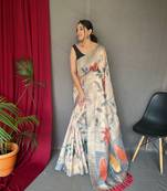 Grey Katha banarasi style zari border thread work saree with Blouse