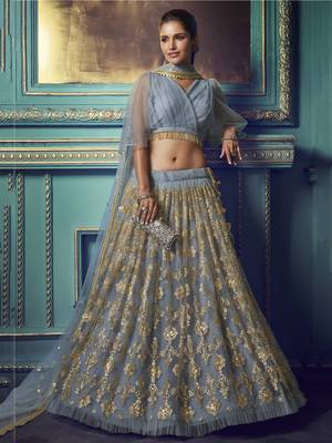 grey sequins soft net party lehenga set choli with dupatta 1