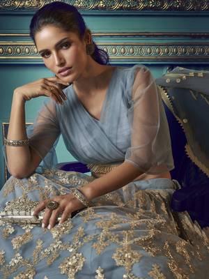 grey sequins soft net party lehenga set choli with dupatta 2