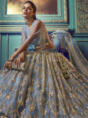 grey sequins soft net party lehenga set choli with dupatta 3