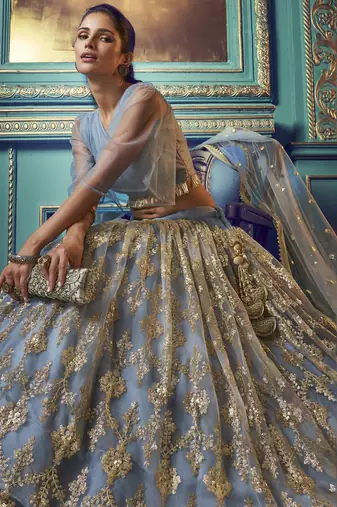 grey sequins soft net party lehenga set choli with dupatta