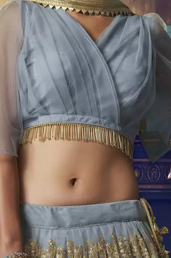grey sequins soft net party lehenga set choli with dupatta