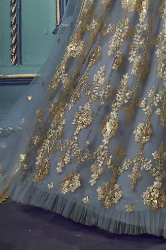 grey sequins soft net party lehenga set choli with dupatta