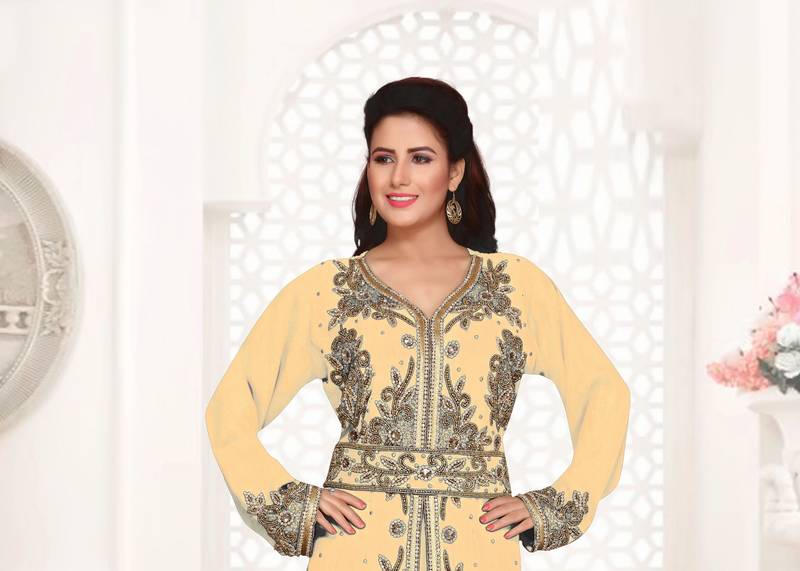 Beige color luxurious Full Sleeves Handmade Moroccan Kaftan.