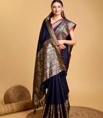 Women Navy Blue Kanjivaram Saree And Zari Work Rich Pallu Saree With Blouse For Women