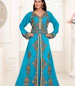 Cyan color luxurious Full Sleeves Handmade Moroccan Kaftan.