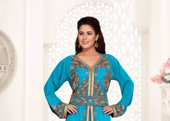 Cyan color Full Sleeves Handmade Moroccan Kaftan 2