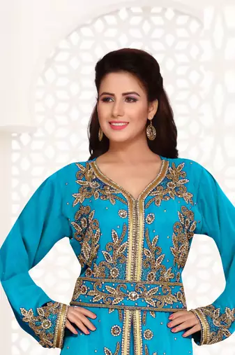 Cyan color Full Sleeves Handmade Moroccan Kaftan