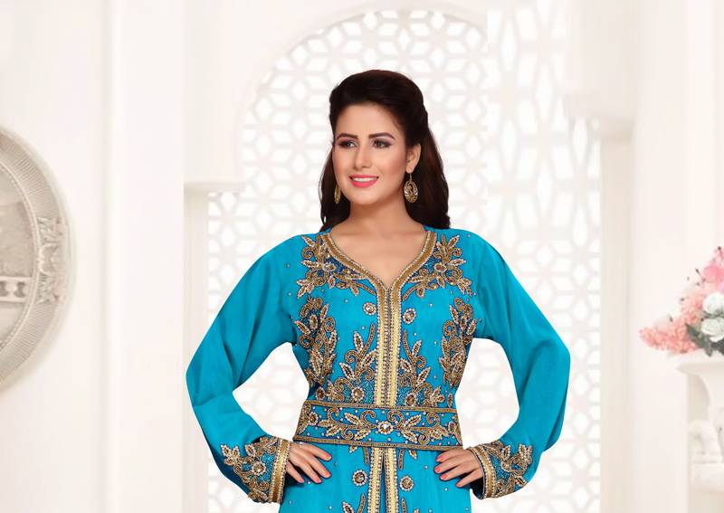 Cyan color luxurious Full Sleeves Handmade Moroccan Kaftan.
