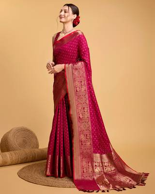 Hot Pink Silk Zari Work Kanjivaram Saree 2