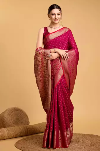 Hot Pink Silk Zari Work Kanjivaram Saree