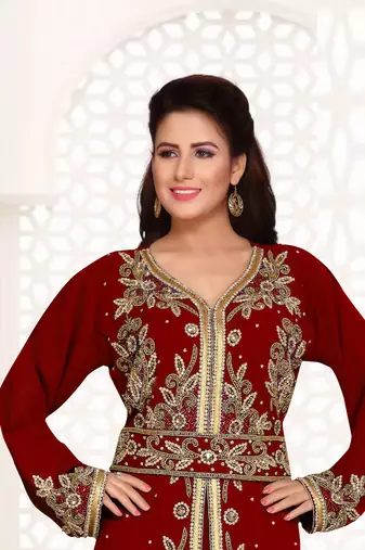 Maroon color Full Sleeves Handmade Moroccan Kaftan 