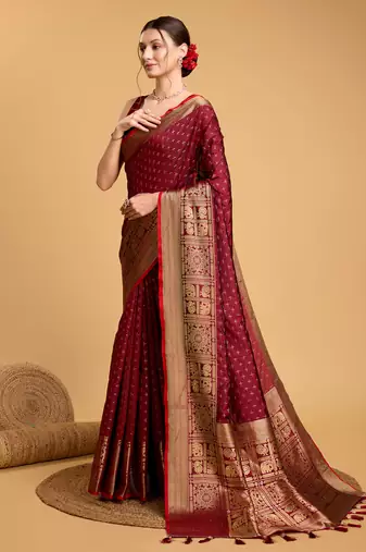 Women Maroon Kanjivaram Saree And Zari Work Rich Pallu Saree With Blouse For Women
