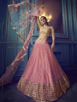 Wonderful Pink Beige Sequins Net Wedding Wear Lehenga Choli With Dupatta 2
