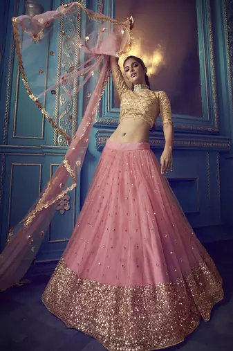Wonderful Pink Beige Sequins Net Wedding Wear Lehenga Choli With Dupatta