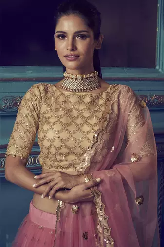 Wonderful Pink Beige Sequins Net Wedding Wear Lehenga Choli With Dupatta