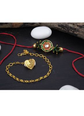 Handmade rakhi for brother combo couple pair real kundan rakhi & heart charm bracelet set for bhaiya bhabhi 2