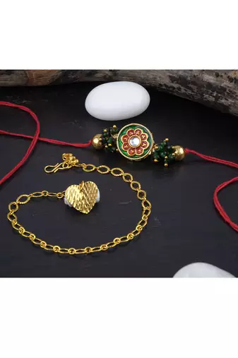 Handmade rakhi for brother combo couple pair real kundan rakhi & heart charm bracelet set for bhaiya bhabhi